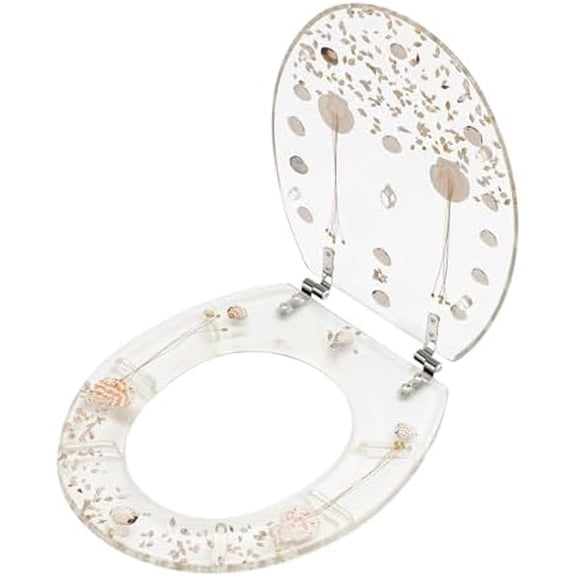 Round Toilet Seat, 16.73" x 13.98" Transparent Resin Toilet Seat with Stainless Steel Strong Hinges, Heavy Duty Toilet Cover Quiet-Close Seat, U/V Shell Toilet Cover Bathroom Decoration