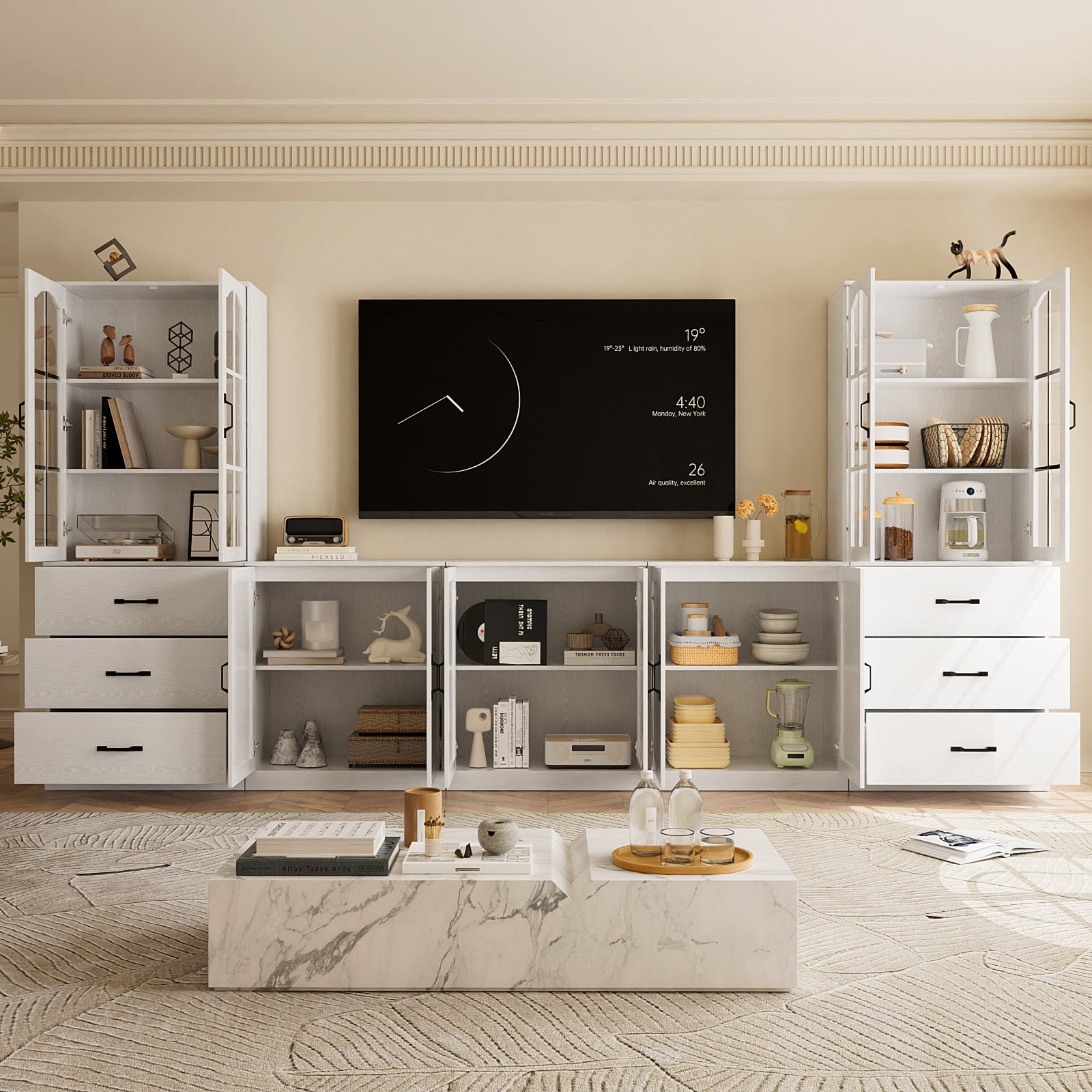 RichYa 118" W Entertainment Center with Bookcases for TVs up to 65", Wall Unit TV Stand with Drawers for Living Room