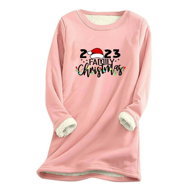 LSLJS Hauts Thermiques pour Femmes, Hauts à Manches Longues Chauds en Peluche Épaissie à Col Rond avec Imprimé de Noël pour Femmes