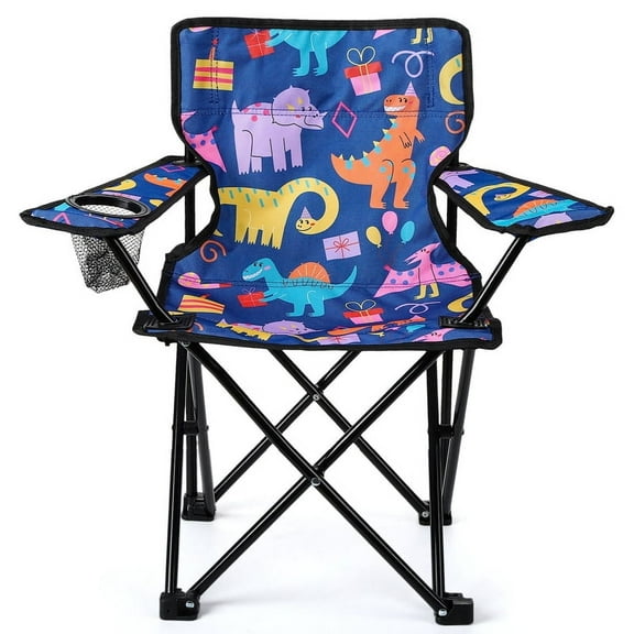 Hengguang Kids Camping Chair, Beach Folding Chair with Safety Lock for Boys Girls Toddler with Cup Holder & Carry Case- Tailgate, Travel, Lawn- for Indoor & Outdoor (Playful Dinosaurs)