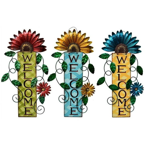 Attraction Design Welcome Sign for Front Door Decor Hanging Sign, Metal Flower Welcome Door Sign Wall Art Decor Hanging for Indoor Outdoor Patio Garden Yard Sign Porch Decoration 15.25X8.5In (3 Set)
