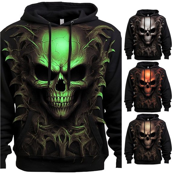 XIAONU Mens Skull Graphic Print Hoodie Oversized Front Pocket Night Out Long Sleeve Pullover Top