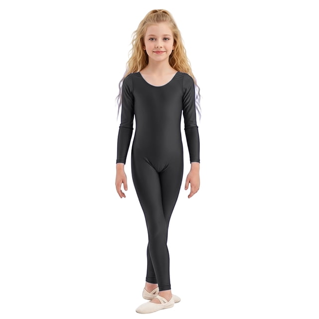Wdgfv Justaucorps de Danse à Manches Longues et Col Rond pour Filles Noir 10-12 Ans