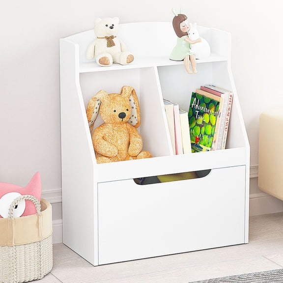 Clearance Bookcase for Kids, Wooden Kids Bookshelf with Toy Box on Wheels, Boys & Girls White Book Storage Organizer for Kids Room Library Bedroom