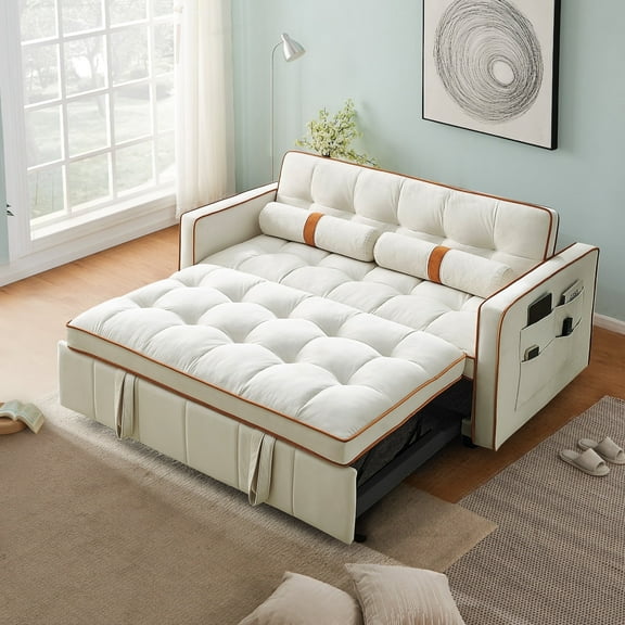 Muumblus 55.5" Pull Out Sofa Bed 2 Seater Loveseats Sleeper Convertible Futon Sofa Bed with Adjsutable Backrest, Modern Adult Velvet Couch for Living Room, Beige
