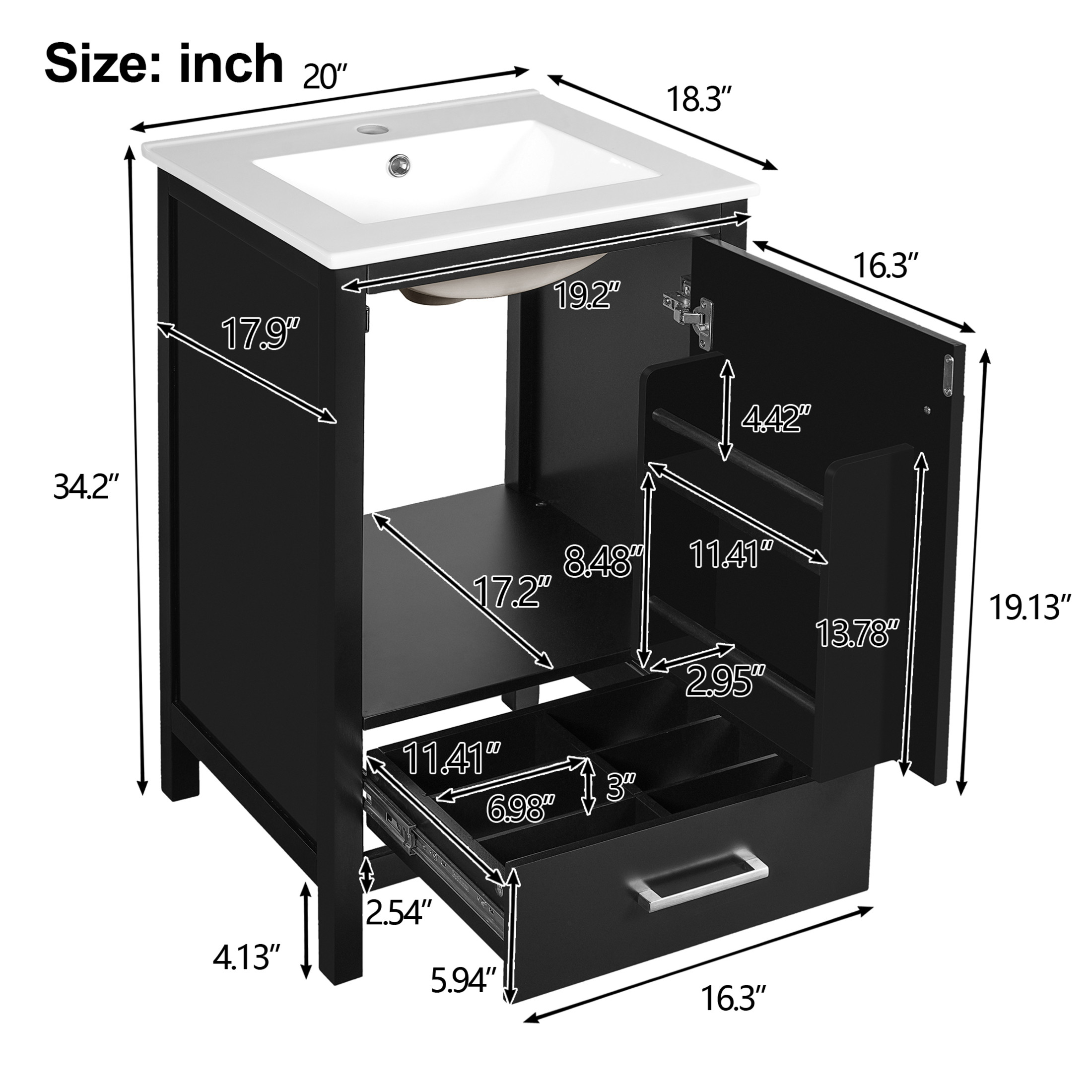 Noble House 20" Modern Bathroom Vanity with Ceramic Sink, Soft Close Drawer & Door, Divider Drawer, Black