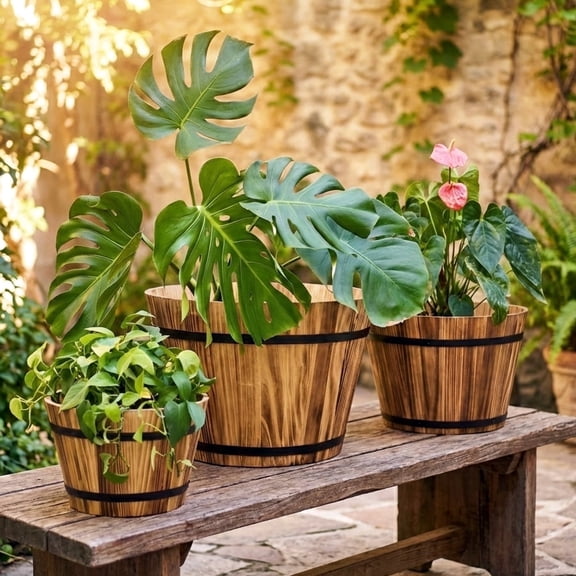 Luxury 20" Real Wood Whiskey Barrel Planter Set of 3 - Carbonized Fir Wood, Weather Resistant, Indoor/Outdoor Flower Pots for Garden Patio - Includes 3-Piece Professional Gardening Tool Kit