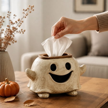 GIPQJK Cute Ghost Tissue Box Holder Halloween Decor White Resin Napkin Dispenser Desktop Organizer Spooky Funny Home Accents for Living Room Bedroom Party Table Centerpiece