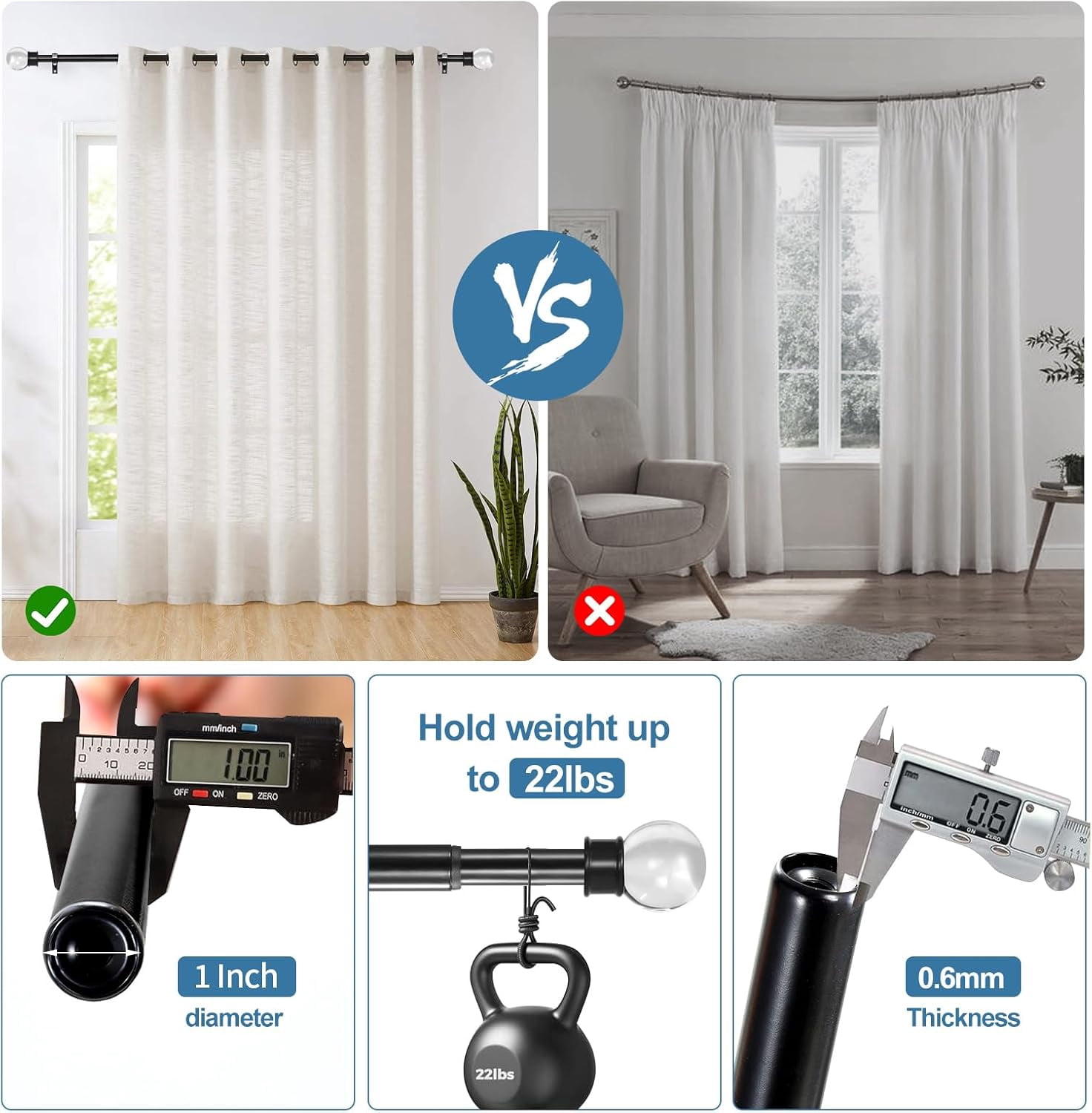 Urbanest Adjustable Single Curtain Rod Set Crystal Ball Finials – 1 -Inch Diameter, With Black Rod, 84–120 Inches