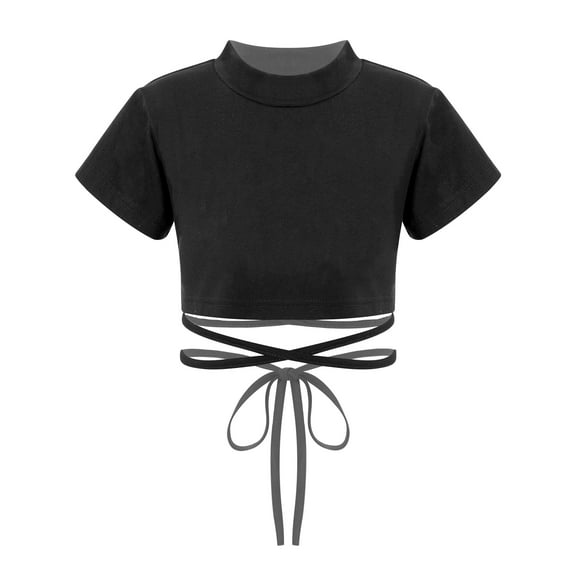ranrann Kids Girls Short Sleeves Mock Neck Crop Top Athletic T-Shirts Hip Hop Jazz Dance Belly Shirt Black 160