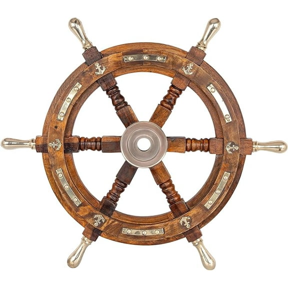 Inanosa 18" Premium Nautical Wooden Ship Boat Wheel | Captain Pirate Ship's Wheel With Brass Handle | Home Décor Wall Sculptures