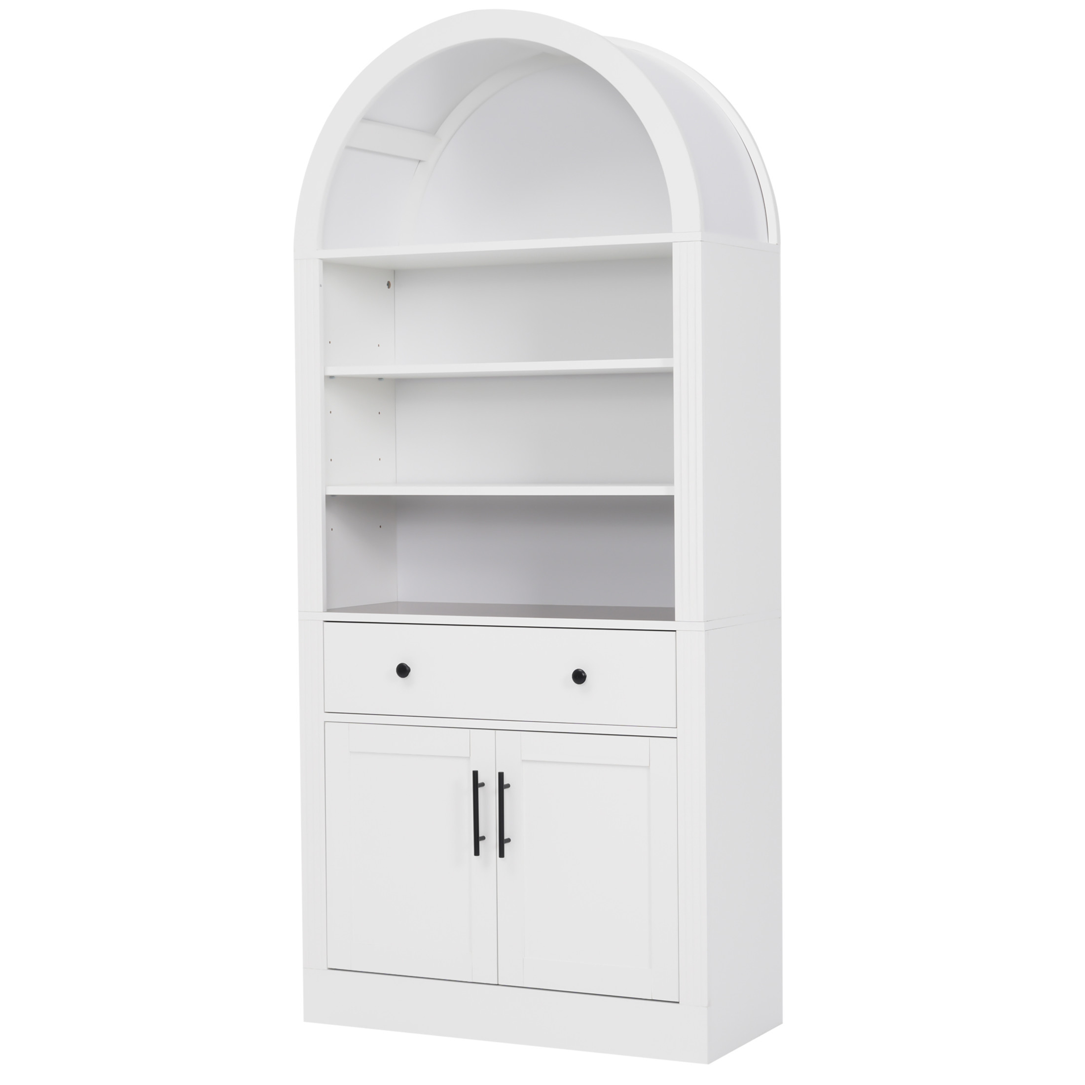 GDF Studio Corvel 70.9" Arched Bookshelf with Storage Cabinet & Adjustable Shelves, Kitchen Pantry Cabinet, White