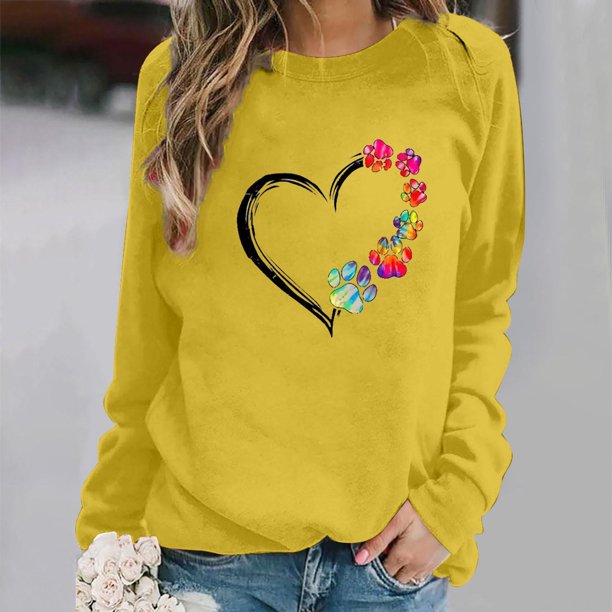 ICHUANYI Clearance Women's Round Neck Top Casual Fashion, Personalized Printing Loose Fitting, Slimming Long Sleeves(Yellow, XXL) ICHUANYI WER2023081512231