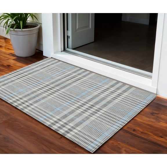 3' X 5' Gray Blue And Beige Plaid Washable Indoor Outdoor Area Rug