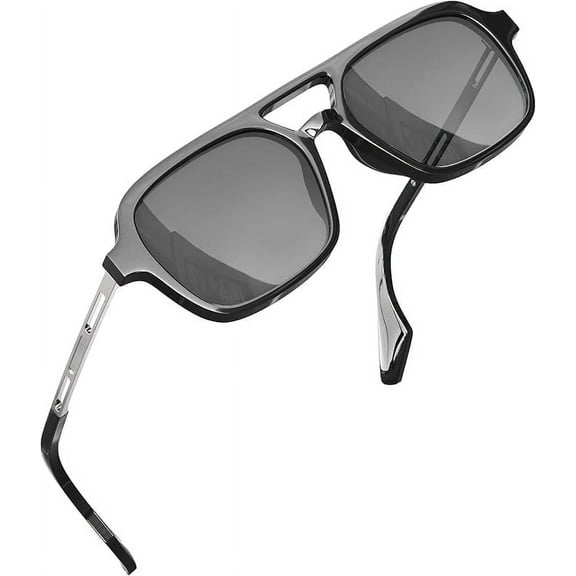 grinderPUNCH Unisex Sunglasses Retro Square Double Bridge Frame, Black Lens, 70s Style