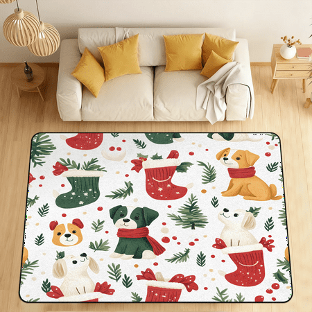 CURLYOOT Christmas Area Rugs for Living Room Bedroom 4 10 x 6 8 Washable Rug Puppy Dogs Floor Carpet with Non Slip Backing for Dining Room Indoor
