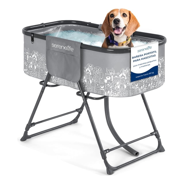 Bañera portátil para perros SereneLife, estación de lavado y cuidado, ligera, patas plegables antideslizantes, sistema de drenaje, uso interior/exterior, ideal para baño y cuidado en casa o de viaje