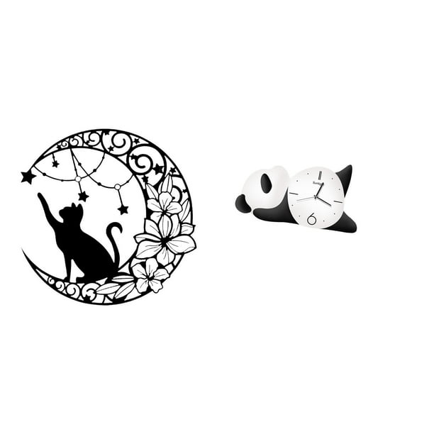 Escultura De Pared De Metal Con Silueta De Gato Y Panda Iluminada Por La Luna, Decoración Moderna Para Amantes De Los Gatos Negros Con Un Práctico Y Resistente Reloj Para La Sala De Estar Y