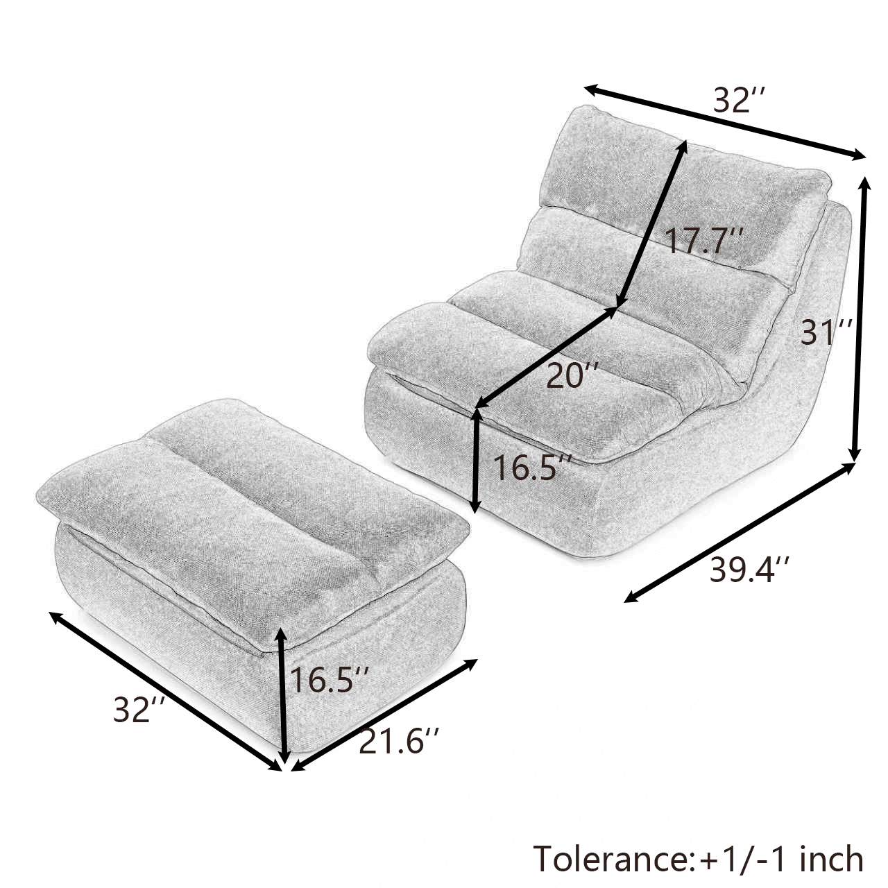 32" Bean Bag Chair & Ottoman, Tufted Lazy Sofa for Adults