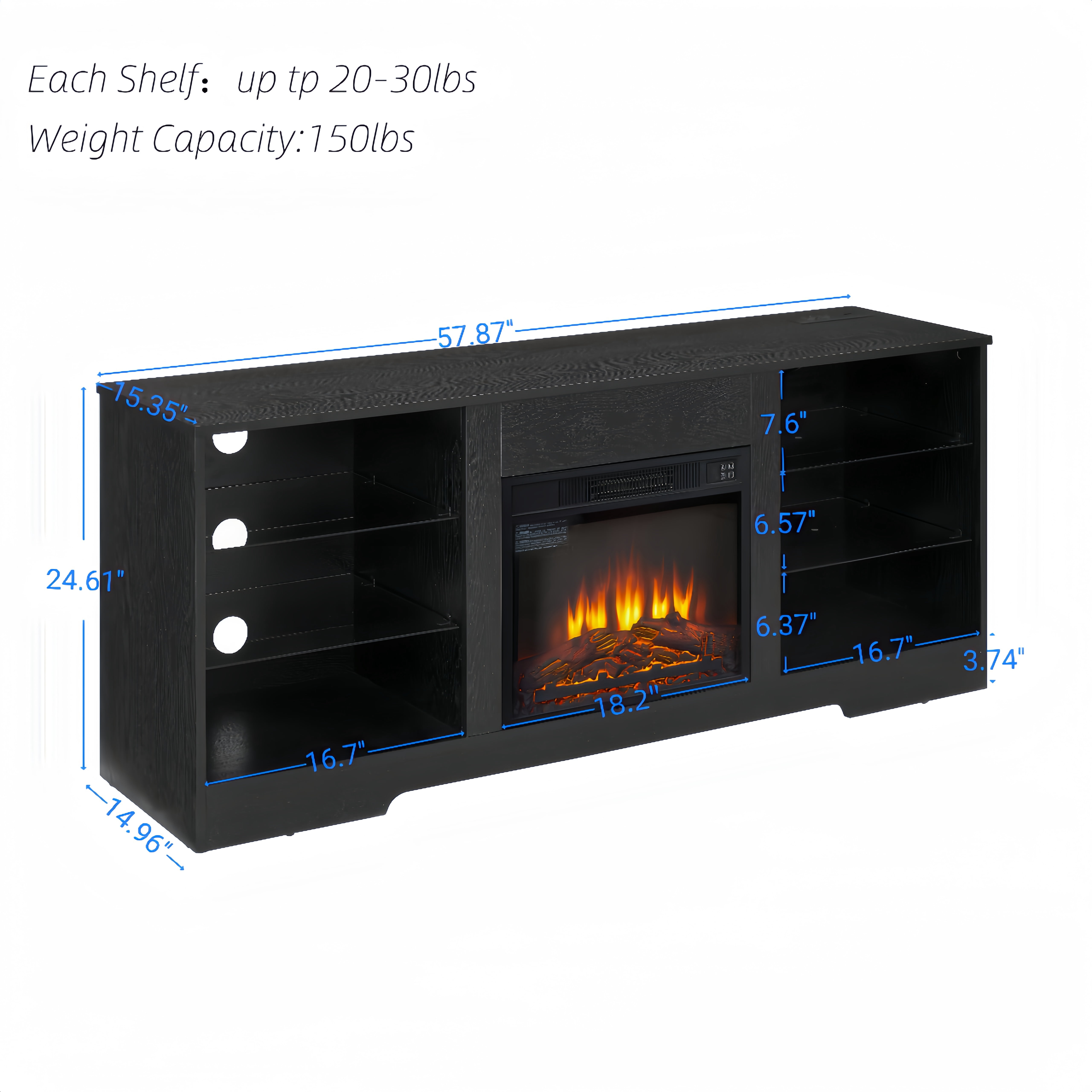 PAPROOS Fireplace TV Stand for 65 Inch TV, Farmhouse Entertainment Center with 18'' Fireplace, Electric Fireplace TV Stand with LED Light & Charging Station, TV Console for Living Room, Black
