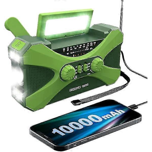 10000mAh Emergency Radio, Solar Crank Radio, Portable AM/FM/NOAA Weather Radio with Phone Charger Green
