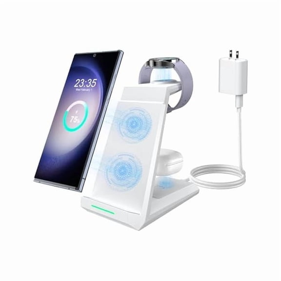 FU2085Wireless Charger for Samsung Charging Station, 3 in 1 Charger Stand for Multiple Devices Fast Dock for Galaxy S25 S24 S23 Ultra S22 S21 Z Flip Fold 5, Samsung Watch 7/6/5/4/3/Pro, Galaxy Buds