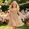 thumbnail image 2 of Bysome Toddler Kids Girls Dress Solid Color Flutter Sleeve Square Neck Pleated Summer Loose Fit Girls Dresses Size 5-6 Years Beige, 2 of 7