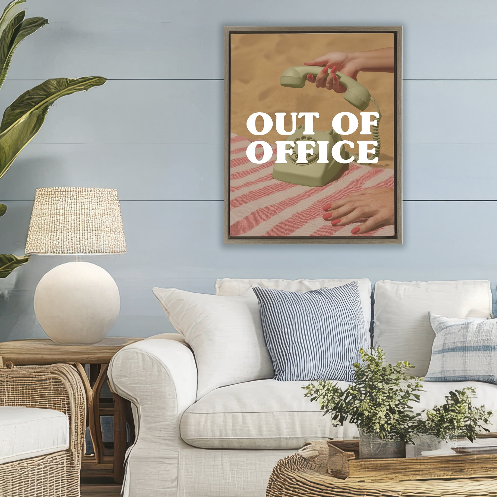 Out of Office Green Phone Brown Framed Floater Canvas Wall Art, design by Lil' Rue