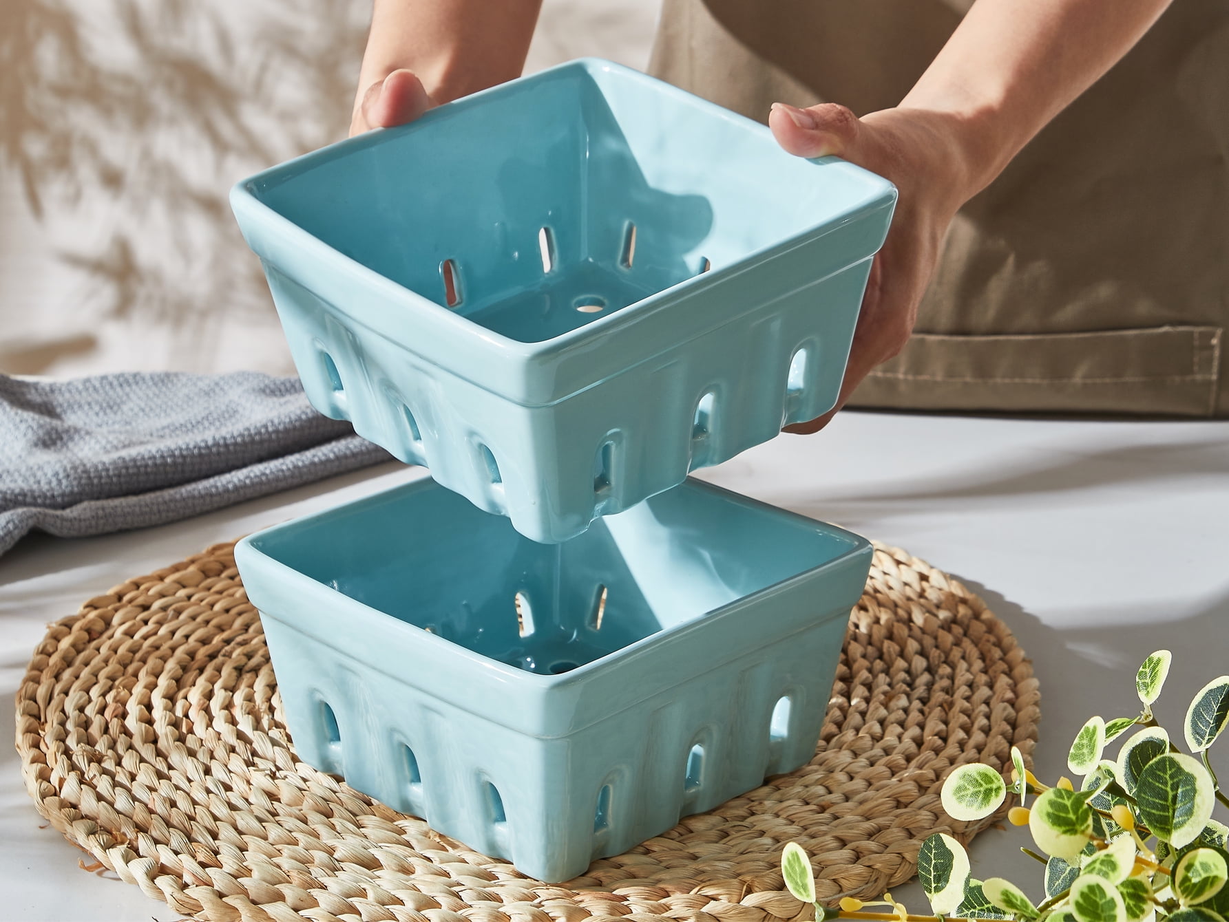 CONTENPO Ceramic Berry Basket Square Fruit Bowls with Holes Berry Bowl Colander Fruit Basket for Kitchen Décor - 5.9" Berry Containers for Fridge, Set of 2, Blue