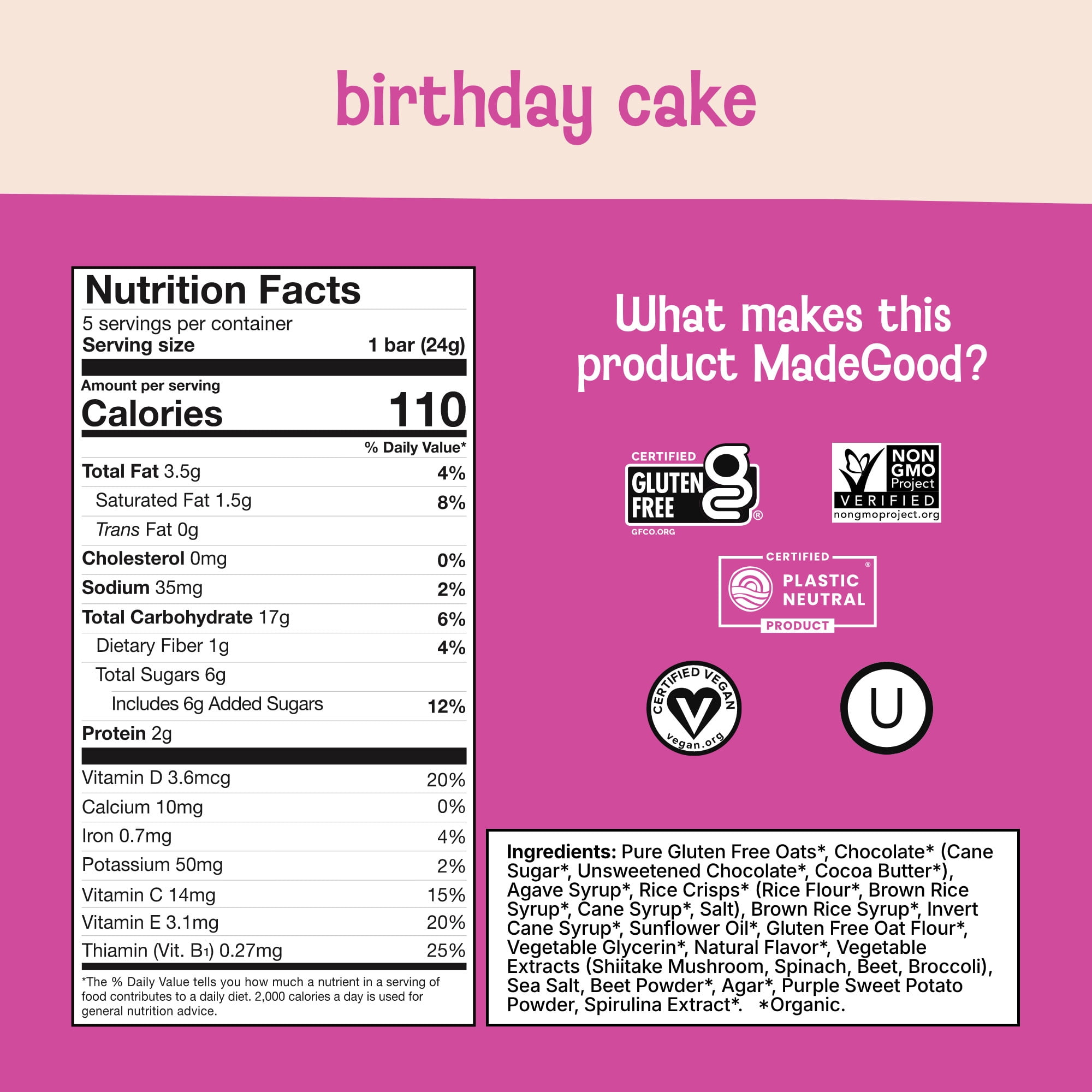 (4 pack) MadeGood Chocolate Drizzle Birthday Cake Granola Bars, 5 Healthy Snack Bars, 0.78 oz
