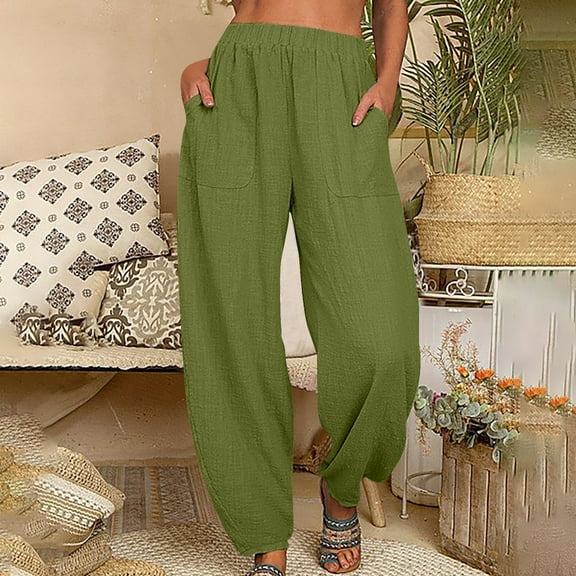 WIZUTIZ Business Casual Pants for Women Lightweight Relaxed Loose Wide Leg Slacks Pants Spandex Elastic High Rise 7/8 Length Palazzo Pants Solid with Pockets Sweatpants for Lady Gym Date Green