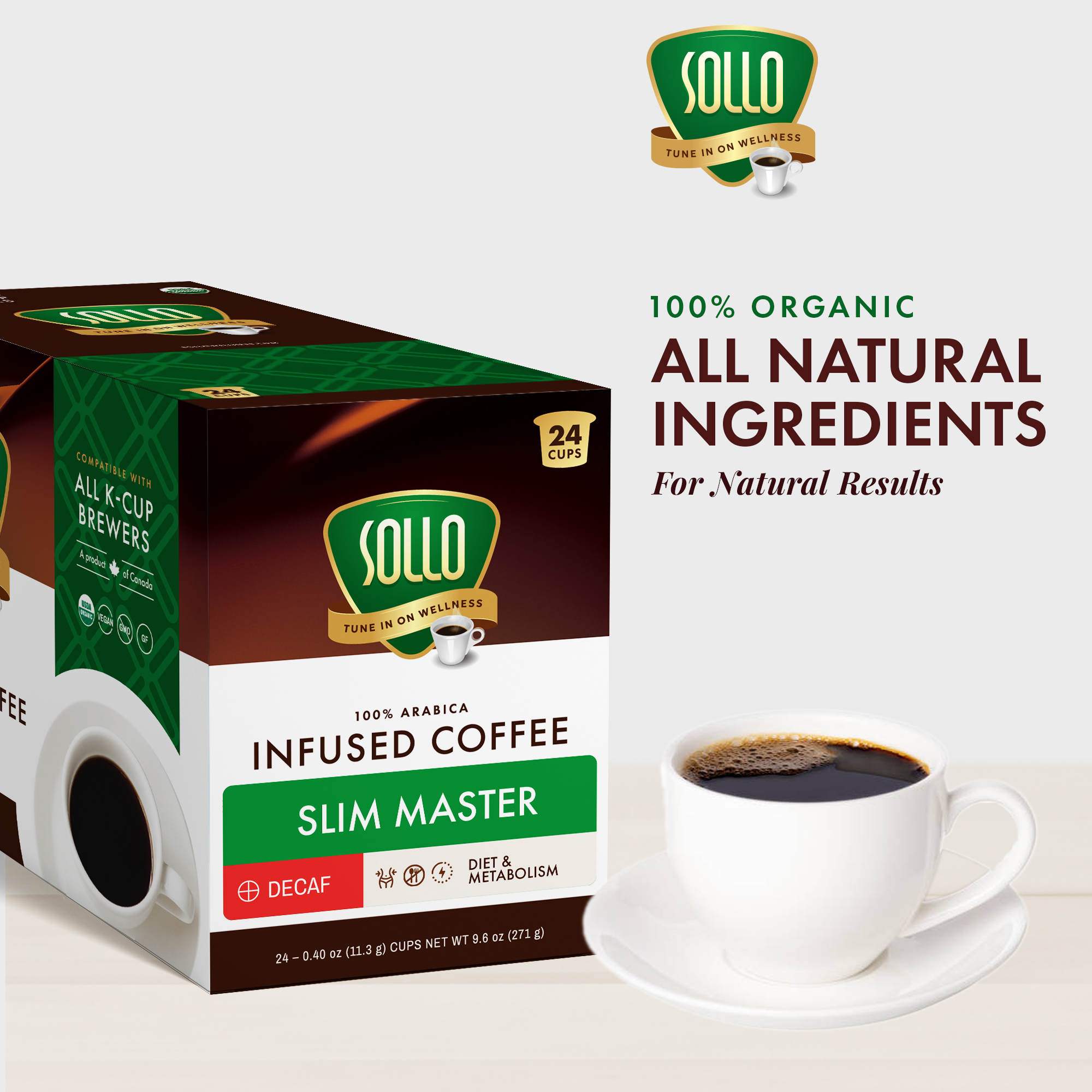 SOLLO Slim Decafenated Coffee Pods, Diet Support with Garcinia, GCBE and Vitamins, Bold Medium Dark Roast, Single Serve Pod, Compatible with Keurig K-Cup Brewers, 24 Ct