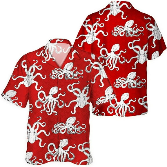 Red Octopus Hawaiian Shirt – Octopus Style Beach Shirt for Men & Women – Vintage Marine Summer Button Down