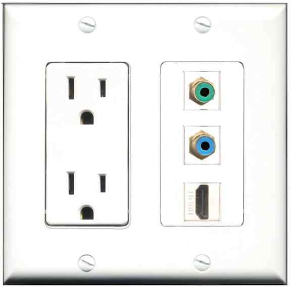 Ultra Spec Cables 15 Amp Power Outlet 1 Port HDMI 1 Port RCA Green 1 Port RCA Blue Wall Plate