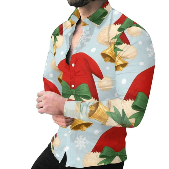 SERTG Christmas Shirt Men Long Sleeve Button Shirt Men Casual Beach Shirts Men Party Blouse Cute Christmas Print Pullover(Multicolor,M)