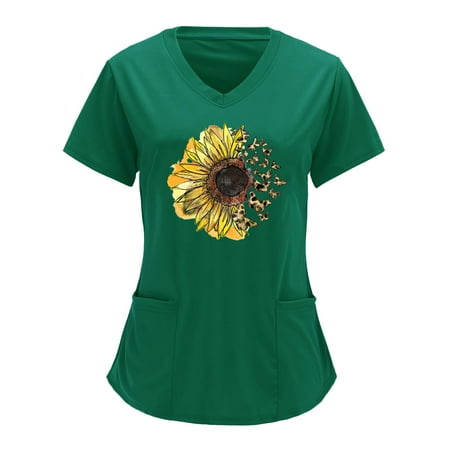 

TAIAOJING Women Scrubs Top Workwear Solid Color V Neck Overalls Partial Positioning Printing Solid Color Short Sleeve Top Overalls Top