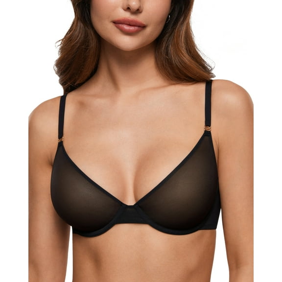 Women's Cosnufy Sheer Balconette Bra Demi Unlined Plunge Mesh See Through Sexy Bras Underwire