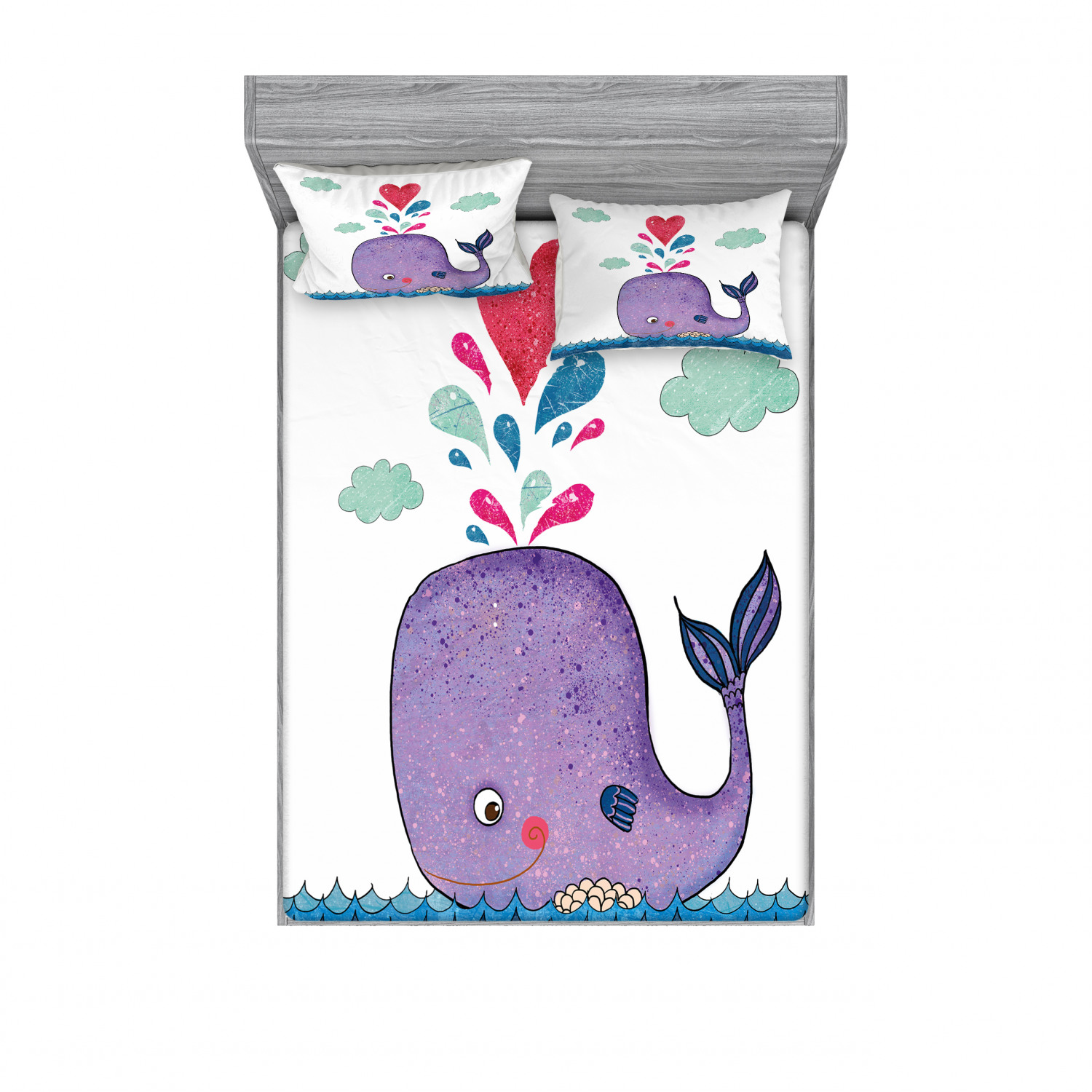 Whale Bedding Set with Sheet & Covers, Smiling Mammal Motif Hearts and