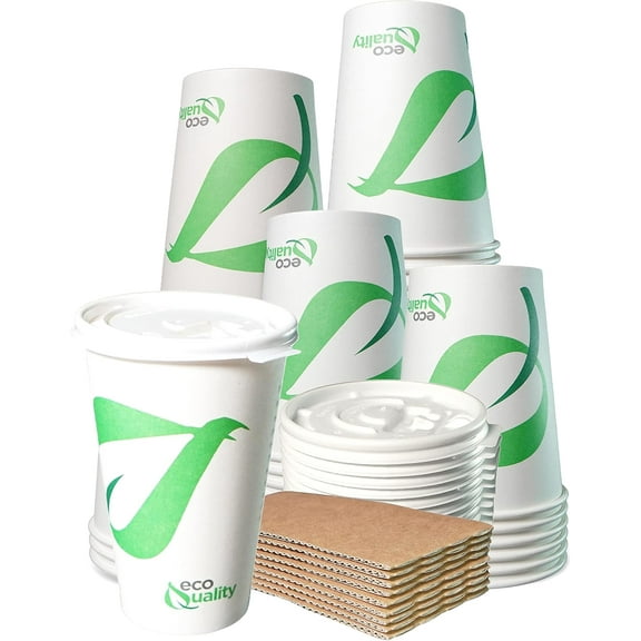 16 oz Compostable Paper Cups with White Flat Lids and Sleeves - Biodegradable Disposable White Paper Coffee Cups PLA Lined - Eco-friendly Hot and Cold Drinking Cups (200)