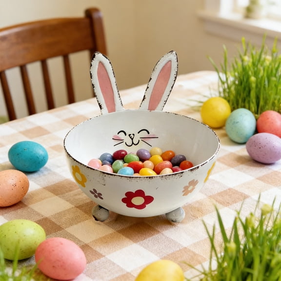 Easter Bunny Candy Bowl | Whimsical Holiday Decor | Yellow & White Metal Decorative Storage