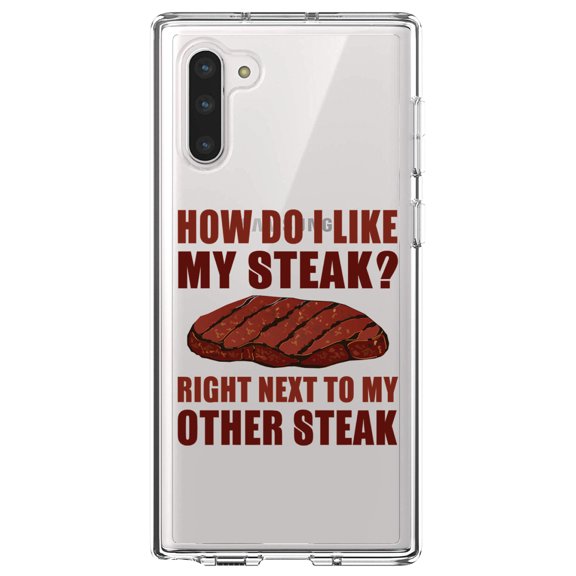 DistinctInk Clear Shockproof Hybrid Case for Samsung Galaxy Note 10 (6.3" Screen) - TPU Bumper Acrylic Back Tempered Glass Screen Protector - Like My Steak Next to My Other Steak