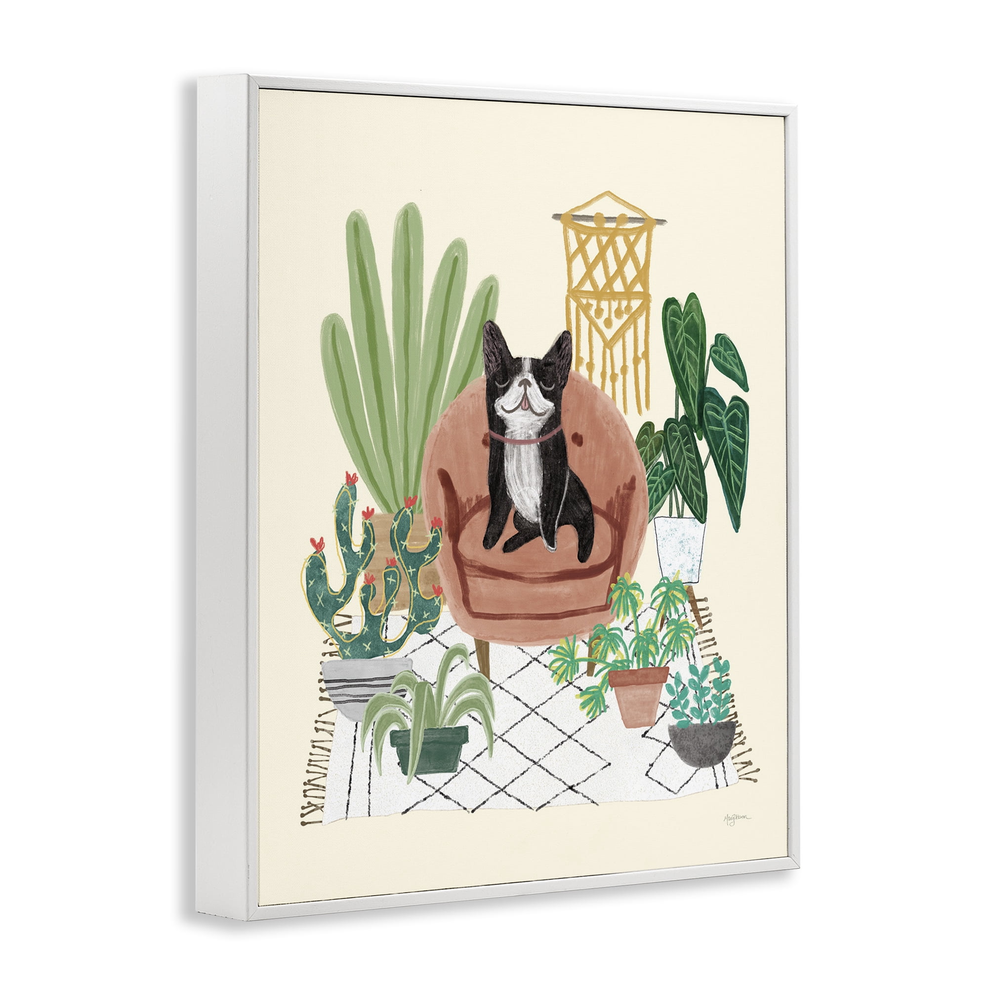 Stupell Industries Dog on Sofa with Plants Animals & Insects Painting White Framed Art Print Wall Art, 11 x 14
