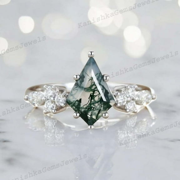 KANISHKAGEMS&JEWELS 2 Ct 9x7 mm / Kite Cut Moss Agate Proposal Ring CZ Diamond Wedding Jewelry Natural Gemstone Gift Ring