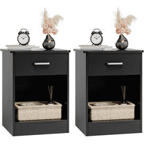 Nightstand, Set of 2, 2-Tier Side Table with Drawer and Storage Shelf, Bedside Table End Table, Modern Night Stand for Bedroom, Home Office,Black