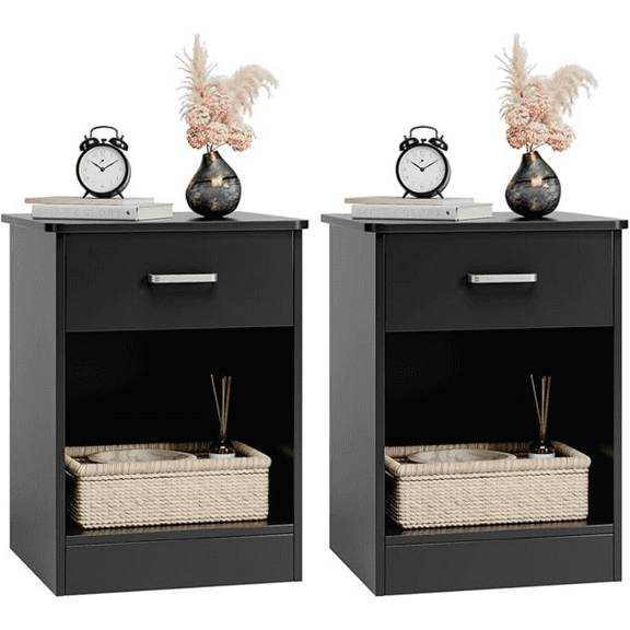 Nightstand, Set of 2, 2-Tier Side Table with Drawer and Storage Shelf, Bedside Table End Table, Modern Night Stand for Bedroom, Home Office,Black