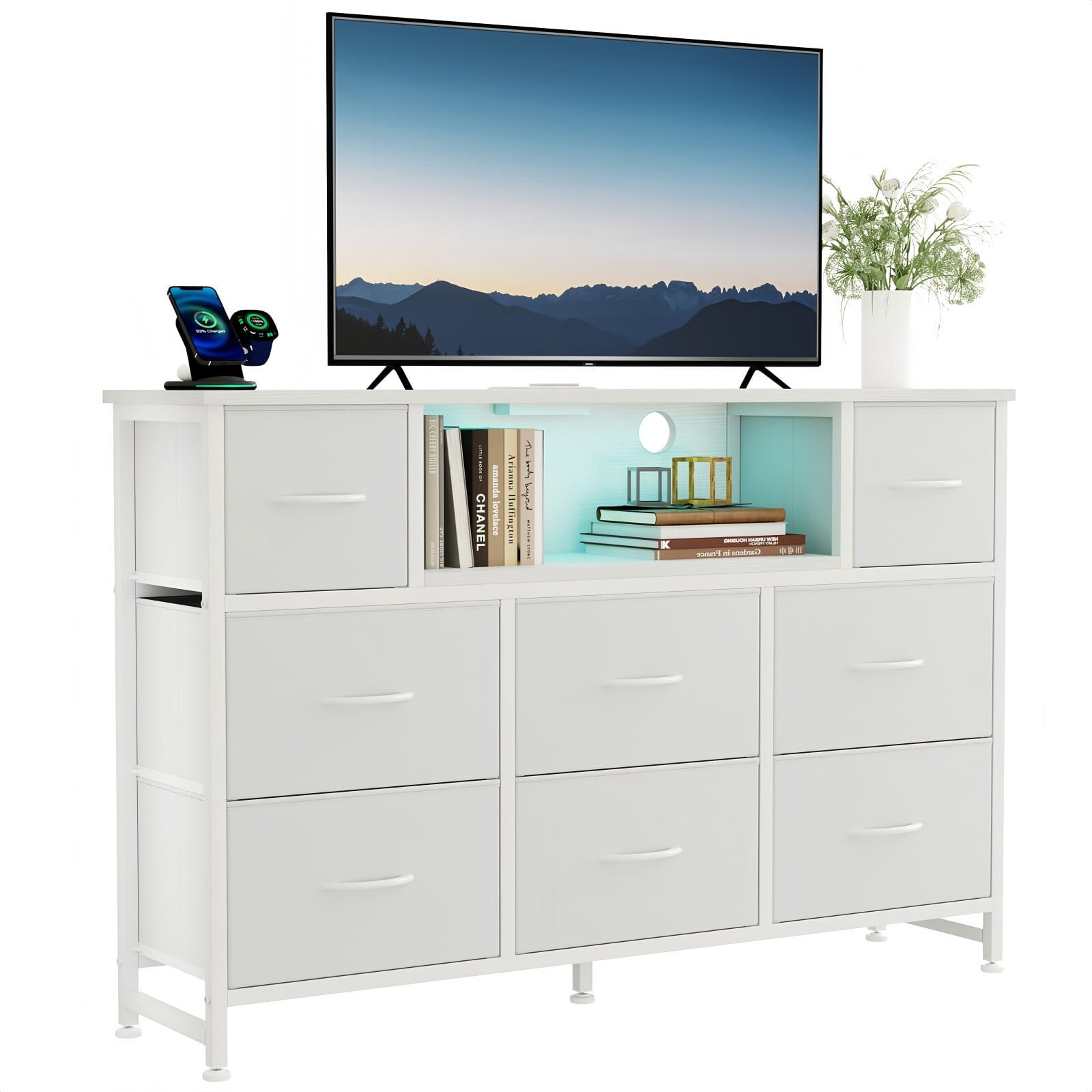 Kelno TV Stand Dresser with 8 Fabric Drawers Open Shelf LED Lights AC USB Charging Station, White