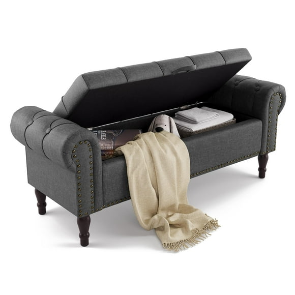 Cozyman Storage Bench, 50” Queen Linen Tufted Button End of Bed Bench with Rolled Arm and Nailhead Trim, Upholstered Bedroom Bench, Ottoman Bench for End of Bed, Living Room, Entryway, Gray