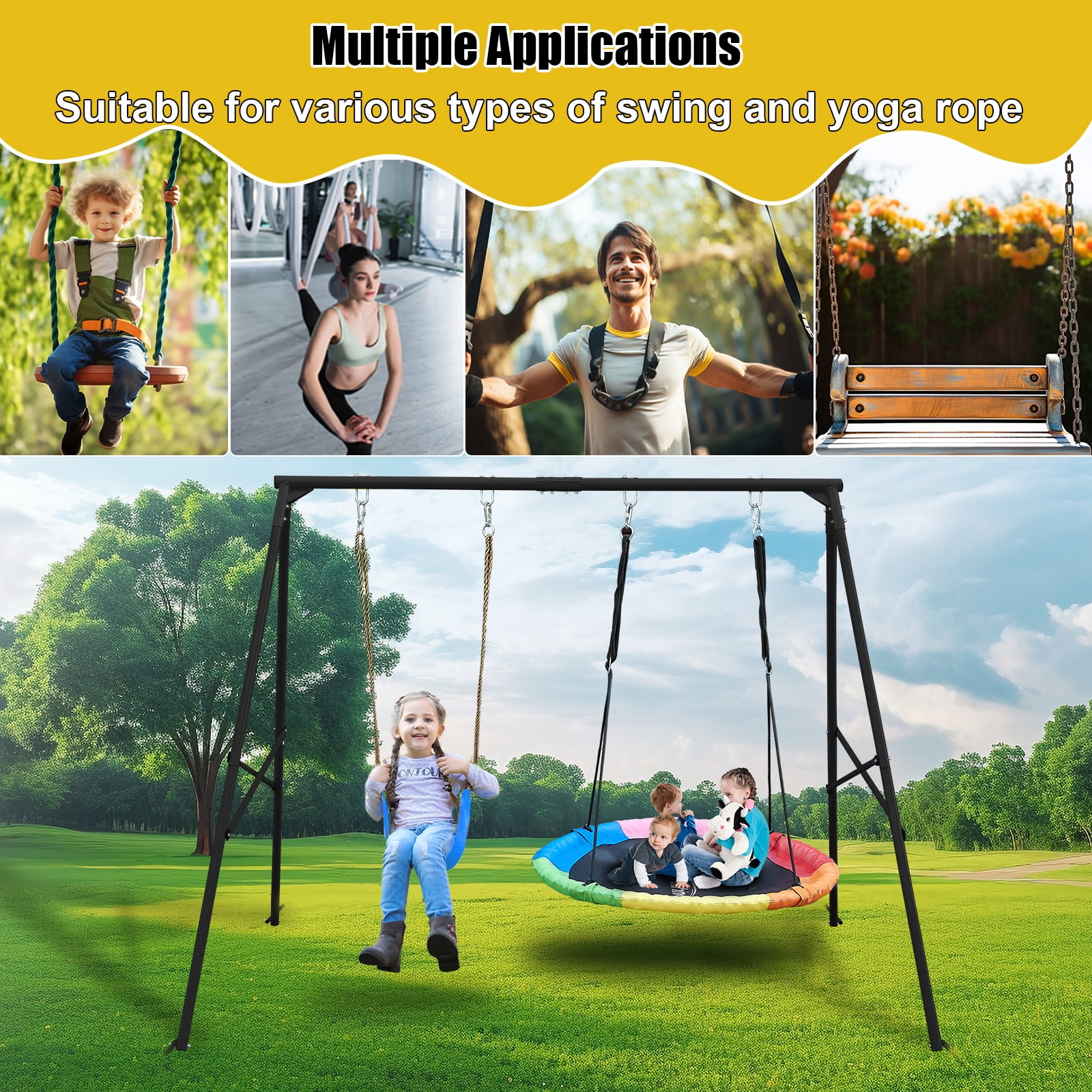 Hishine Swing Stand Metal Frame for Backyard, Heavy Duty Full Steel A-Frame with Ground Stakes, Fits 2 Swings Extra Large Outdoor 550lbs
