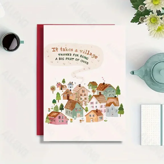 It Takes a Village Thank You Card – Charming Illustrated Design for Appreciation – Ideal for Friends, Family, Community Support – Envelope Included