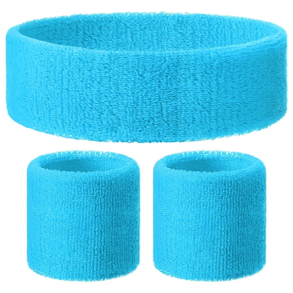3-Piece Sports Sweatband Set - 1 Cotton Headband 2 Wristbands, Absorbent Breathable Sweat Bands for Workout, Basketball, Tennis, Running, Gym, Blue